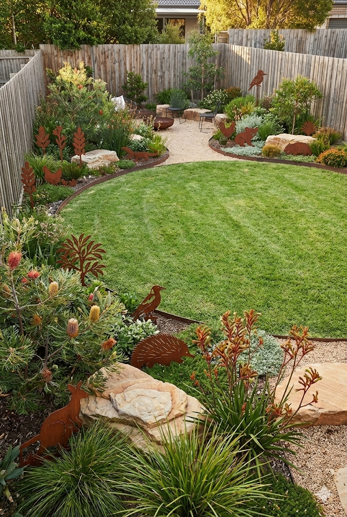 Australian native garden featuring rustic metal art silhouettes of animals and plants among lush landscaping